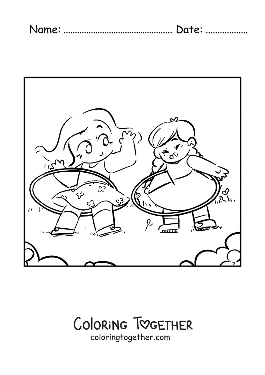 Coloring page of girls playing with hula hoops
