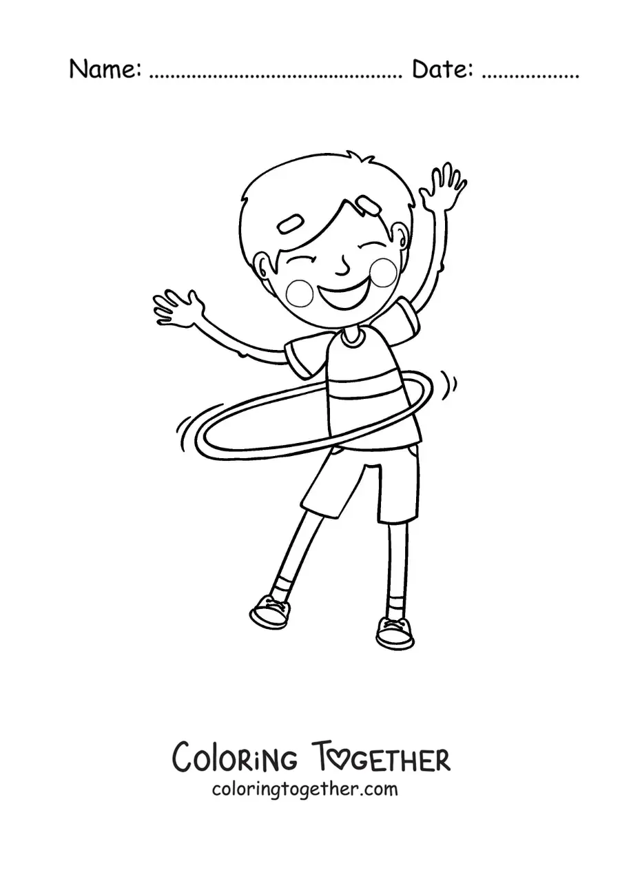 Coloring page of a boy spinning a hula hoop