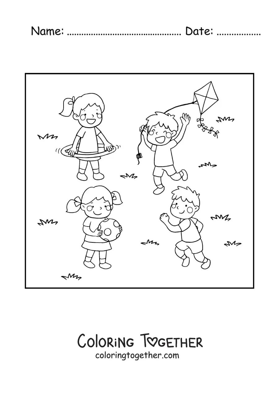 Coloring page of a girl in the park with a hula hoop