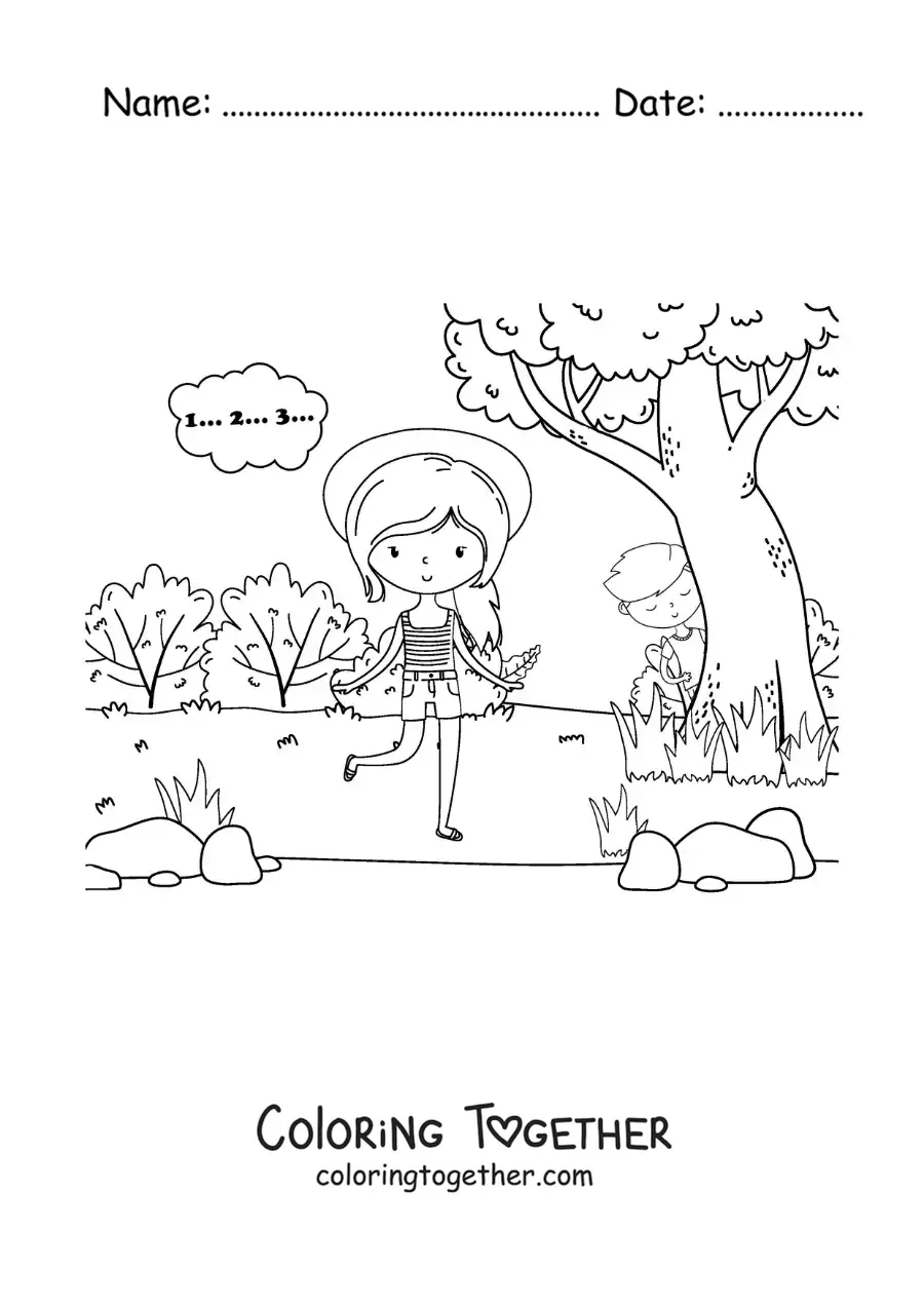 Coloring page of kids playing hide and seek outdoors