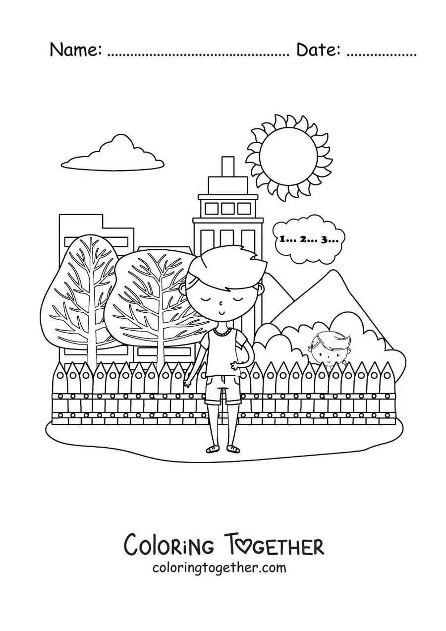 Coloring page of kids playing hide and seek in the city