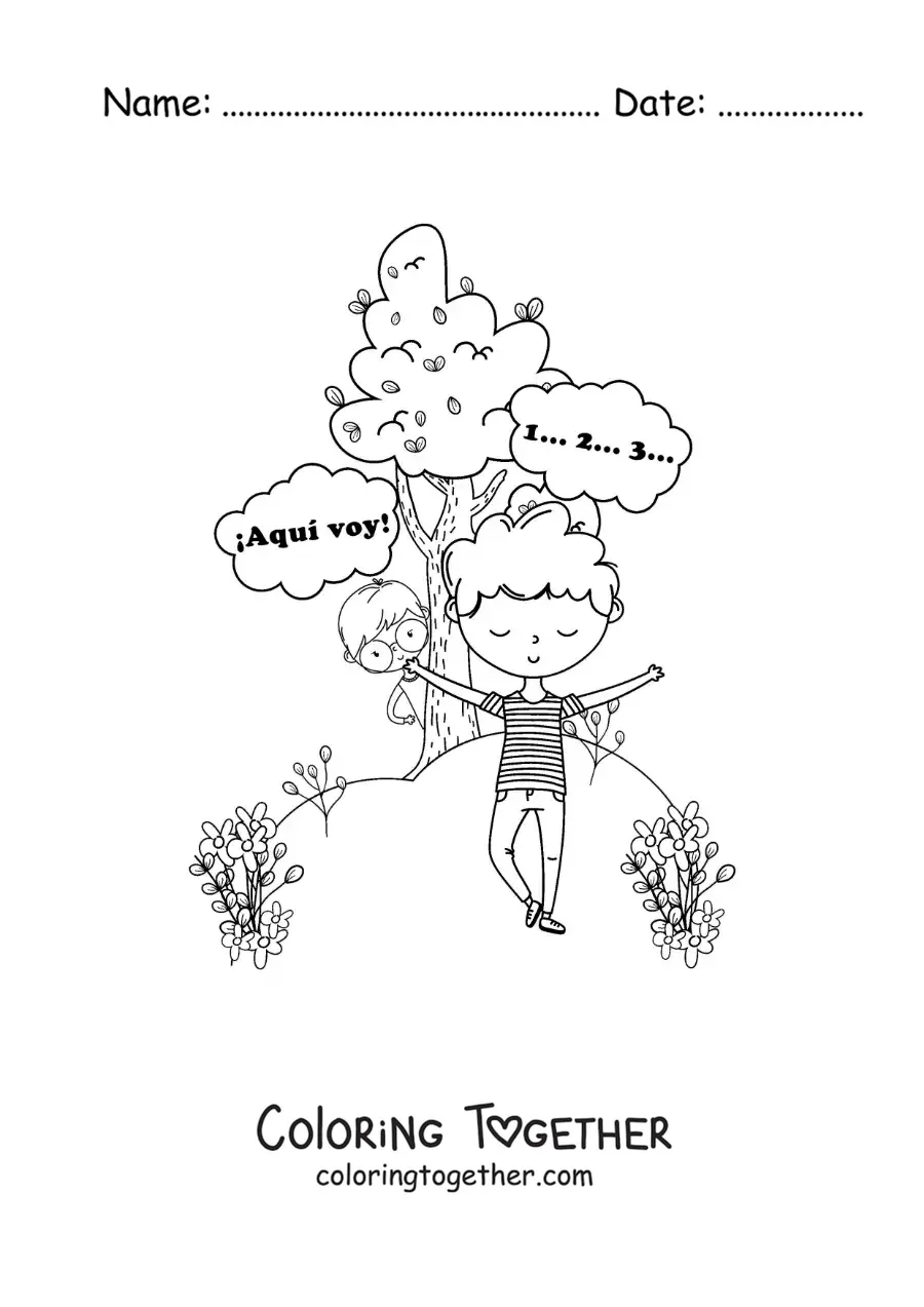 Coloring page of kids playing hide and seek in a park