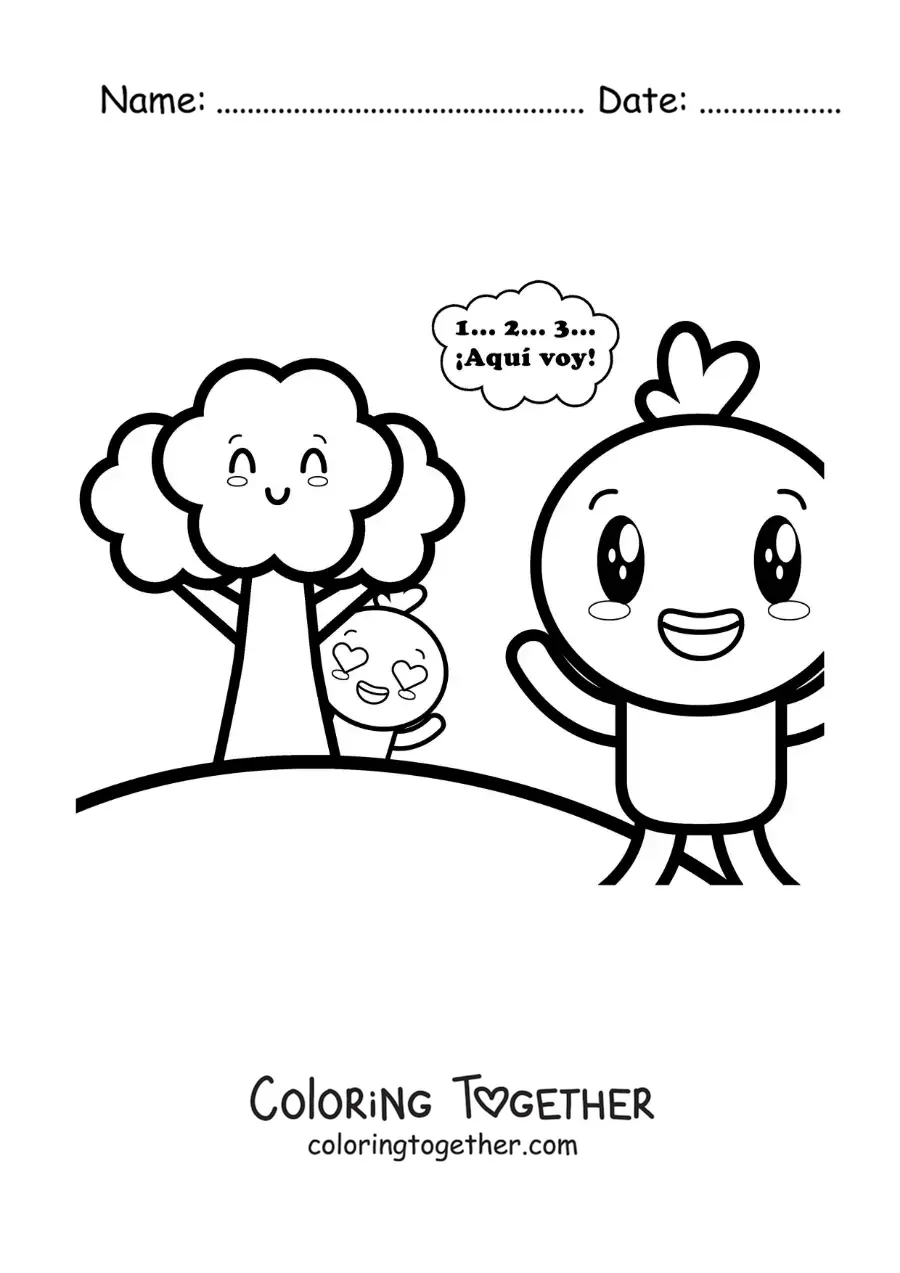Coloring page of a cartoon of animated ducks playing hide and seek