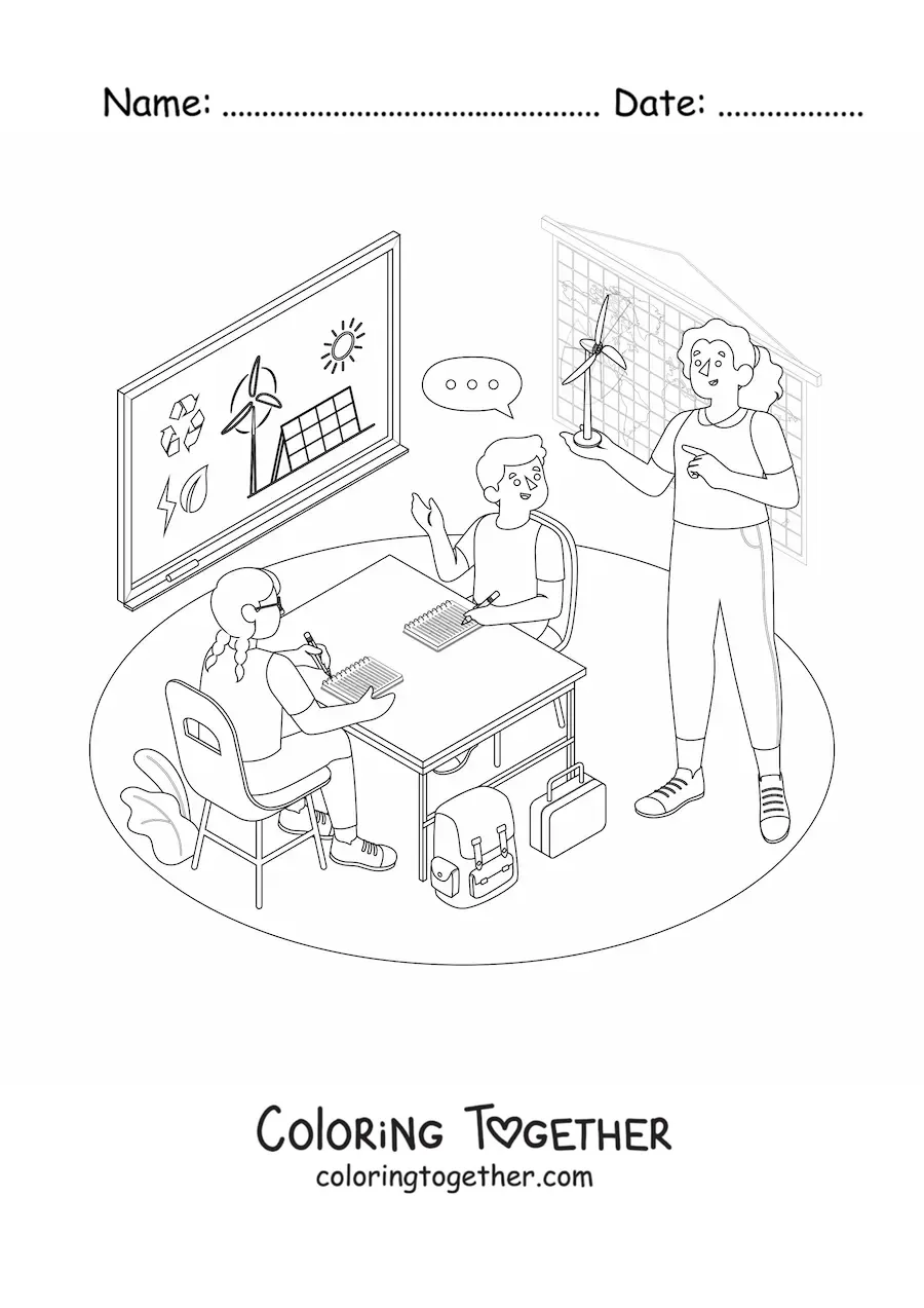 Coloring page of a teacher and two students in a classroom during a lesson