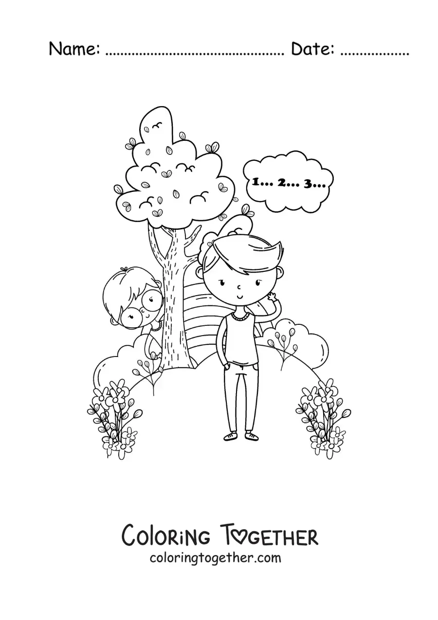 Coloring page of kids playing hide and seek