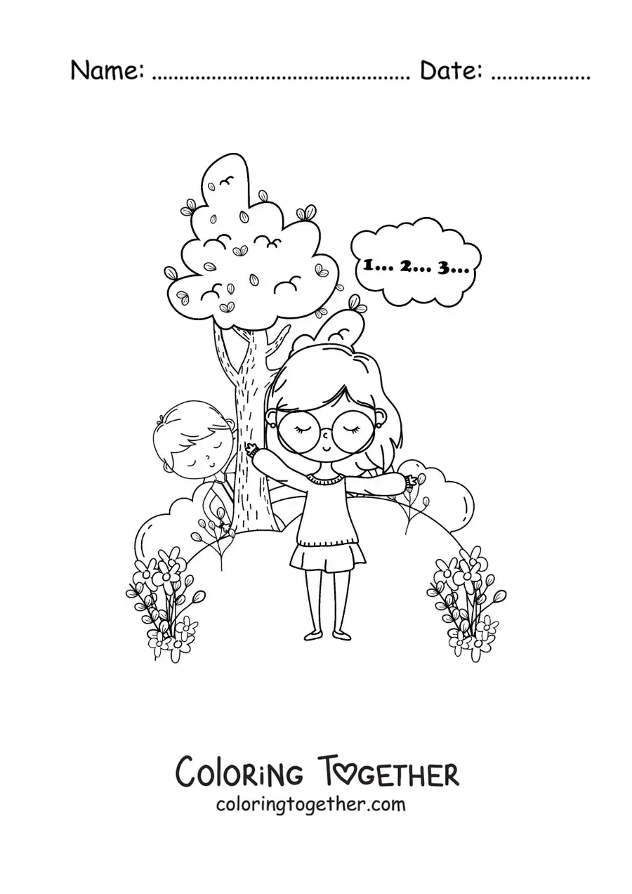 Coloring page of kids playing hide and seek