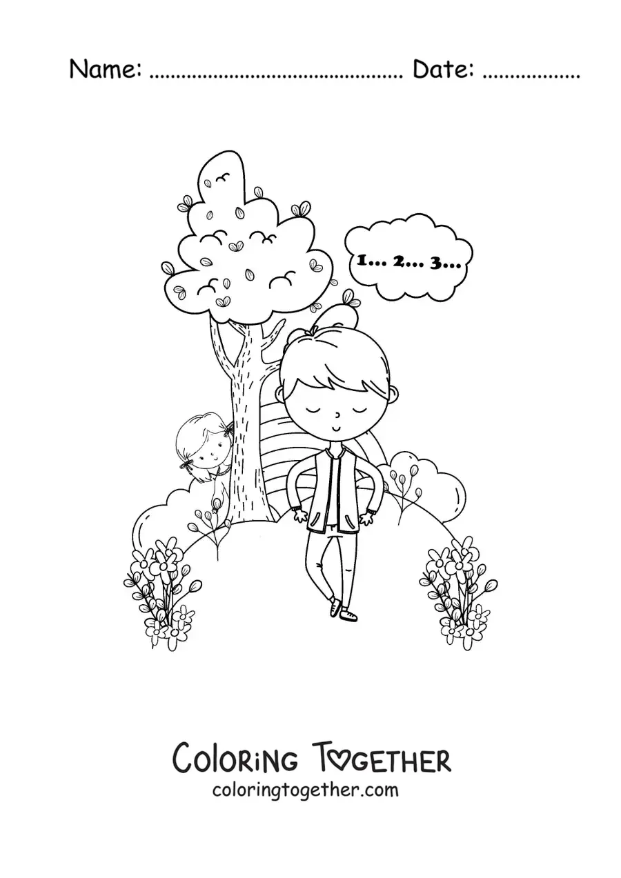 Coloring page of a boy hiding behind a tree playing hide and seek