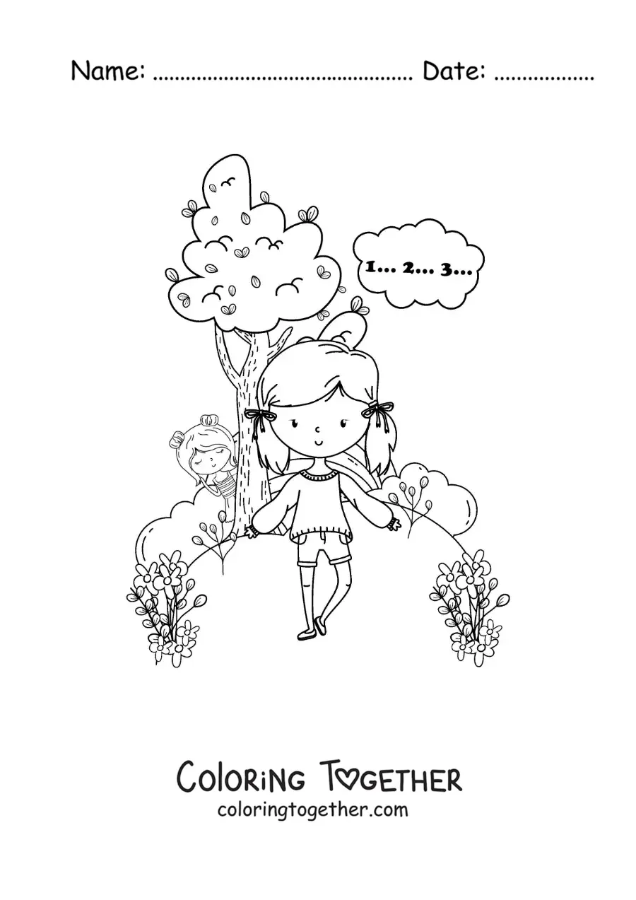 Coloring page of two girls playing hide and seek