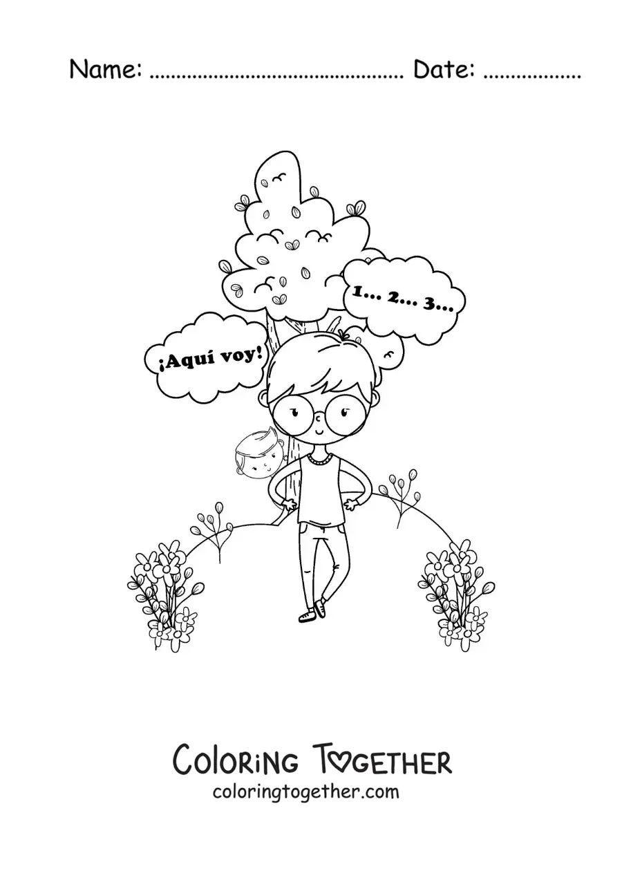 Coloring page of kids in a game of hide and seek in the park