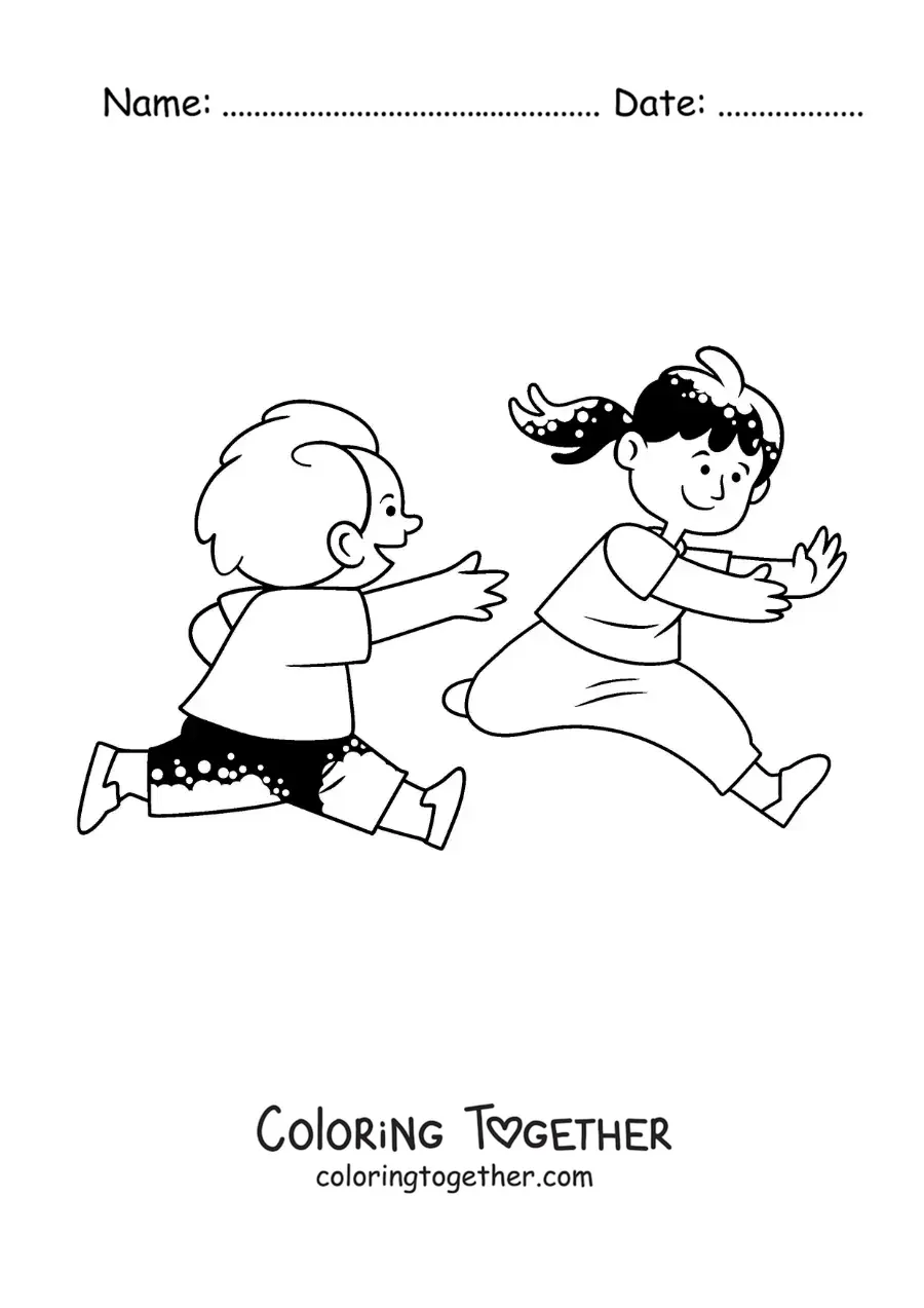 Coloring page of kids running while playing hide and seek