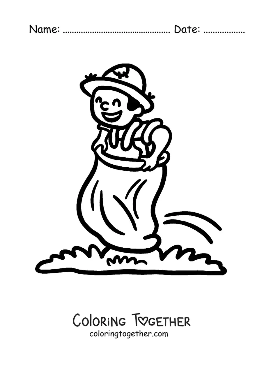 Coloring page of a man playing in a sack race