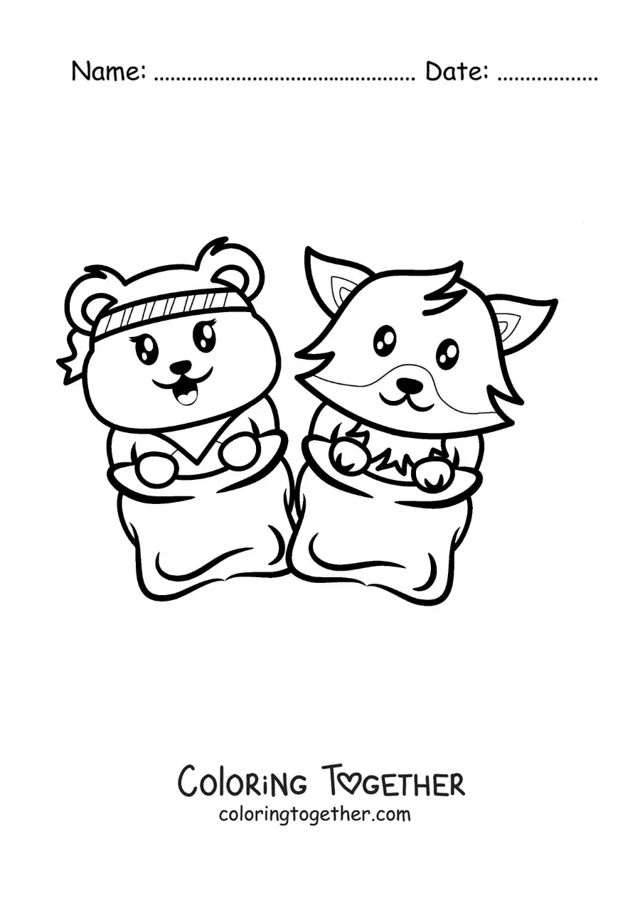 Coloring page of animated animals in a sack race