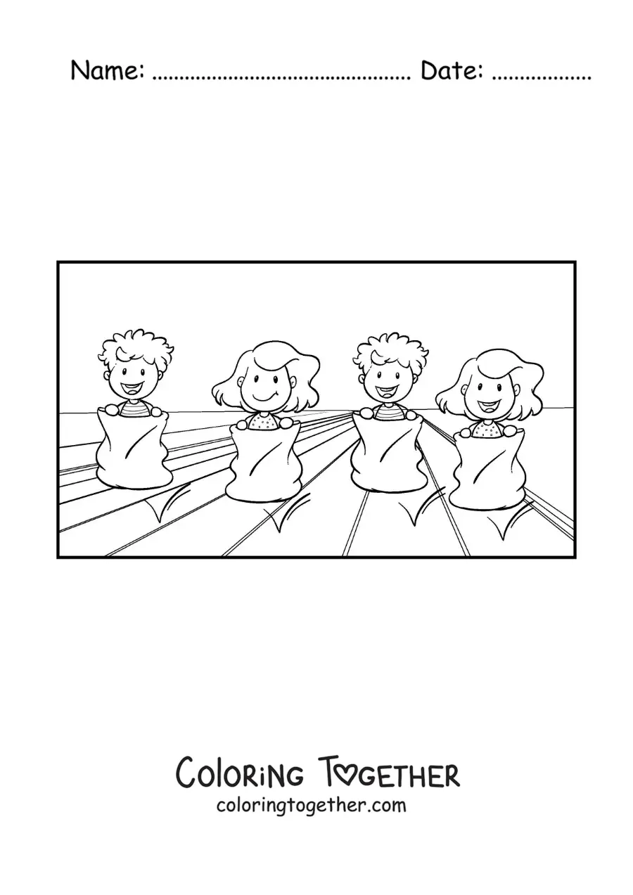 Coloring page of kids playing in a sack race