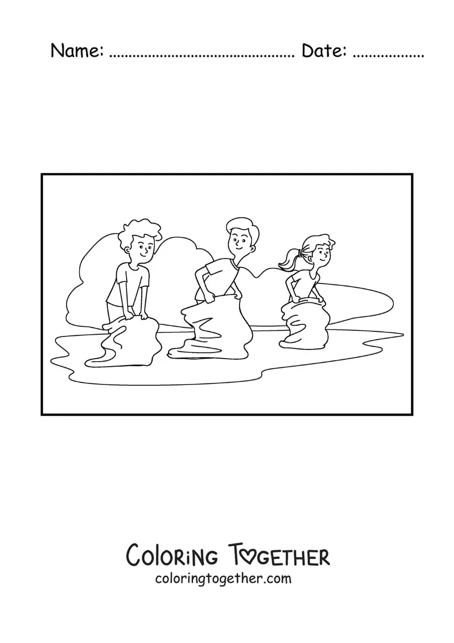 Coloring page of kids jumping in a sack race