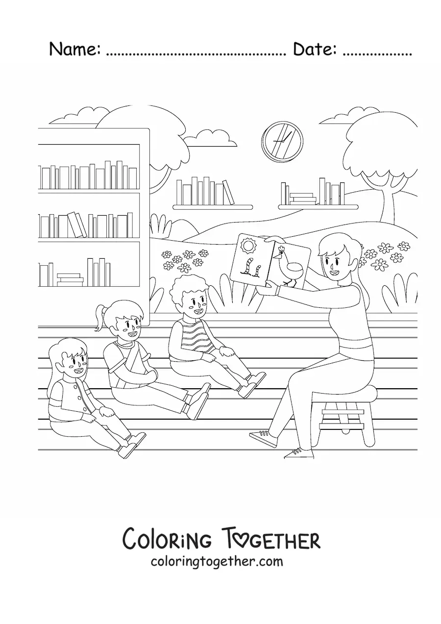 Coloring page of a teacher teaching three preschool students