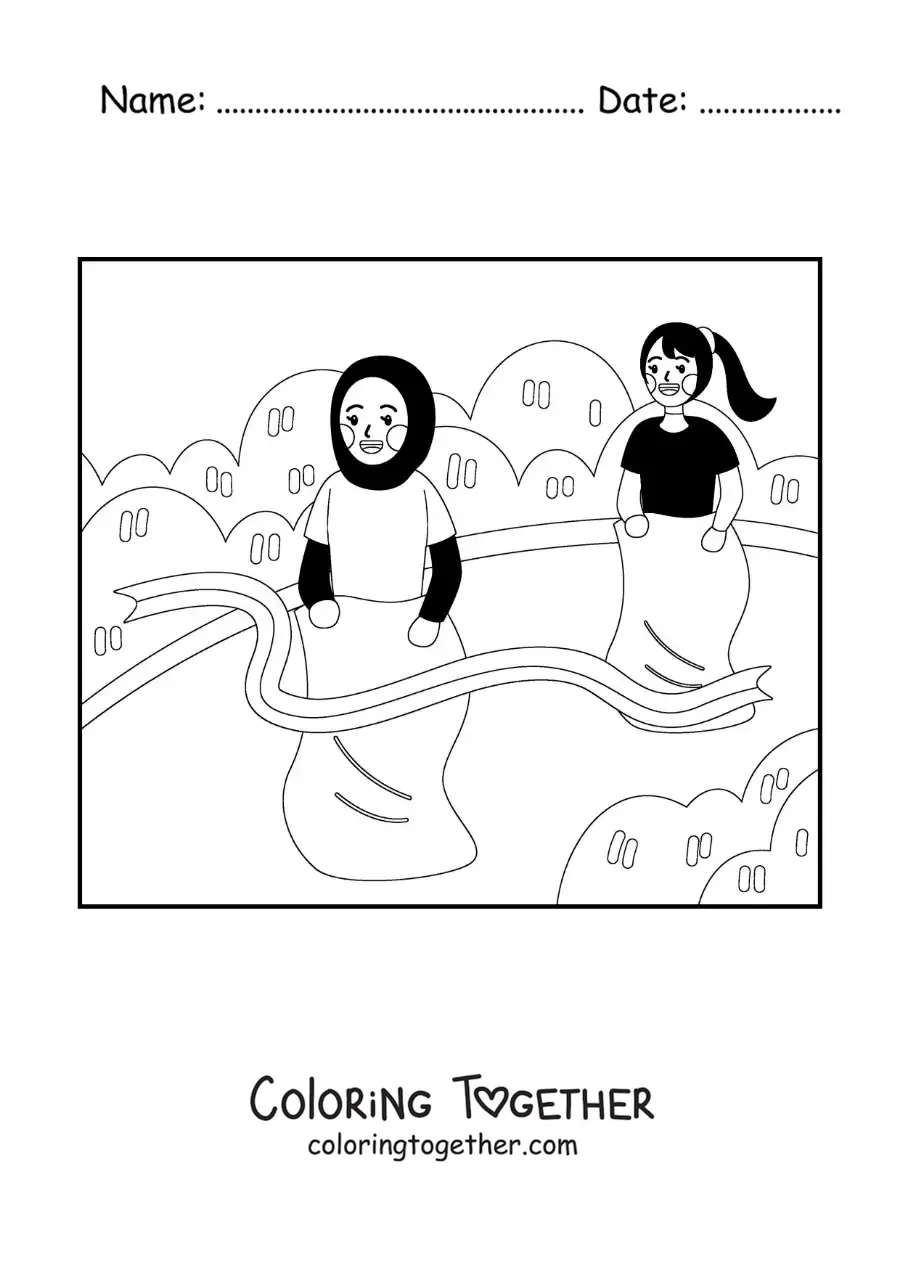 Coloring page of two girls in a traditional sack race