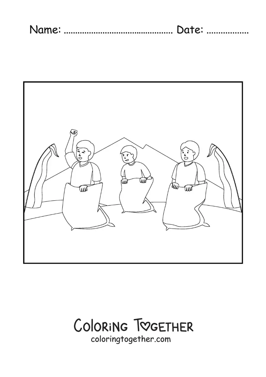 Coloring page of men in a sack race
