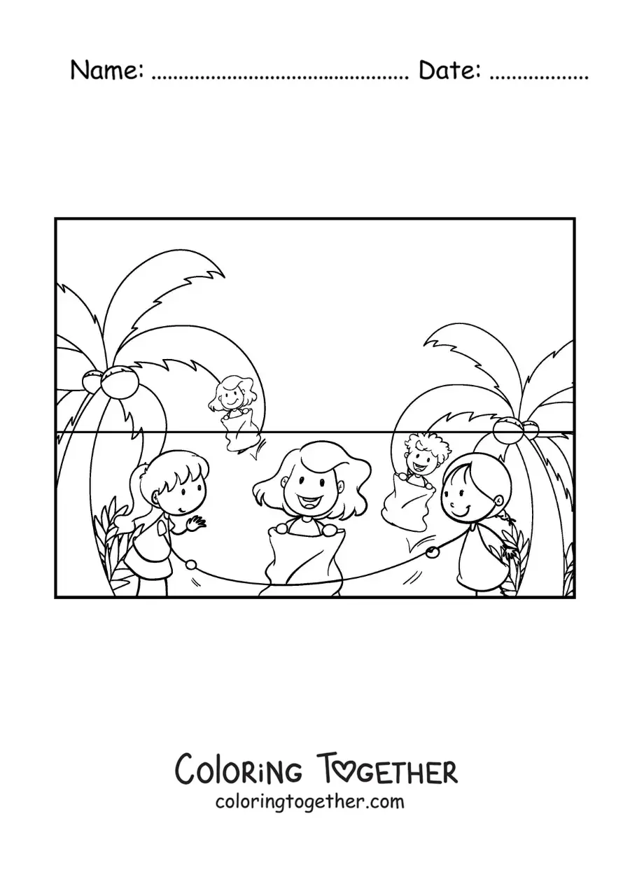 Coloring page of girls playing jump rope in a sack at the beach