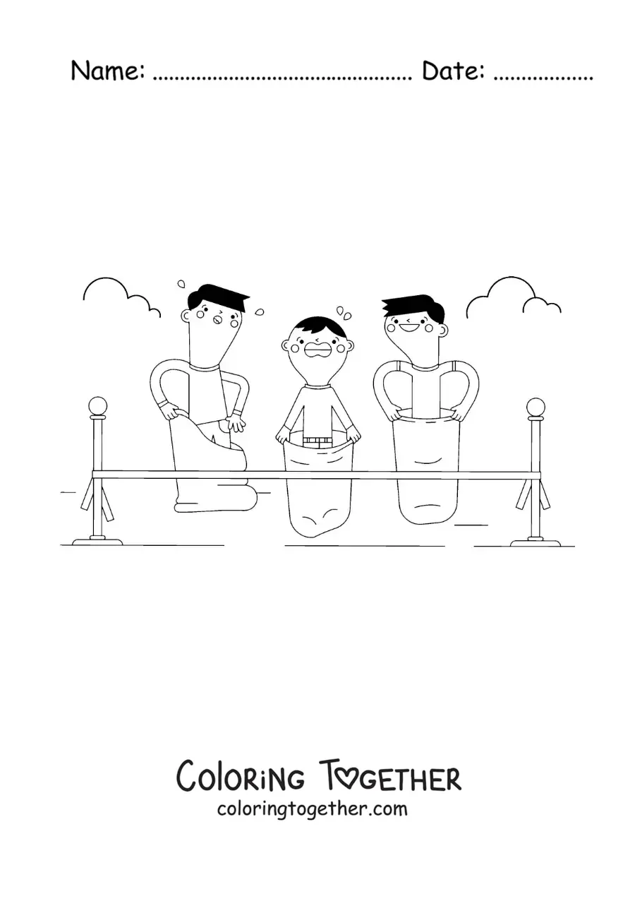 Coloring page of kids reaching the finish line in a sack race