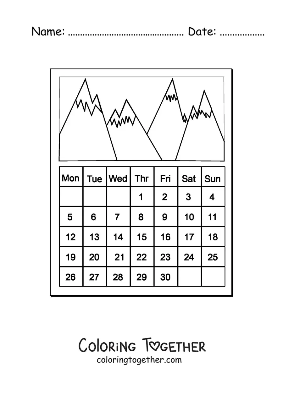 Coloring page of an animated calendar with photos of mountains