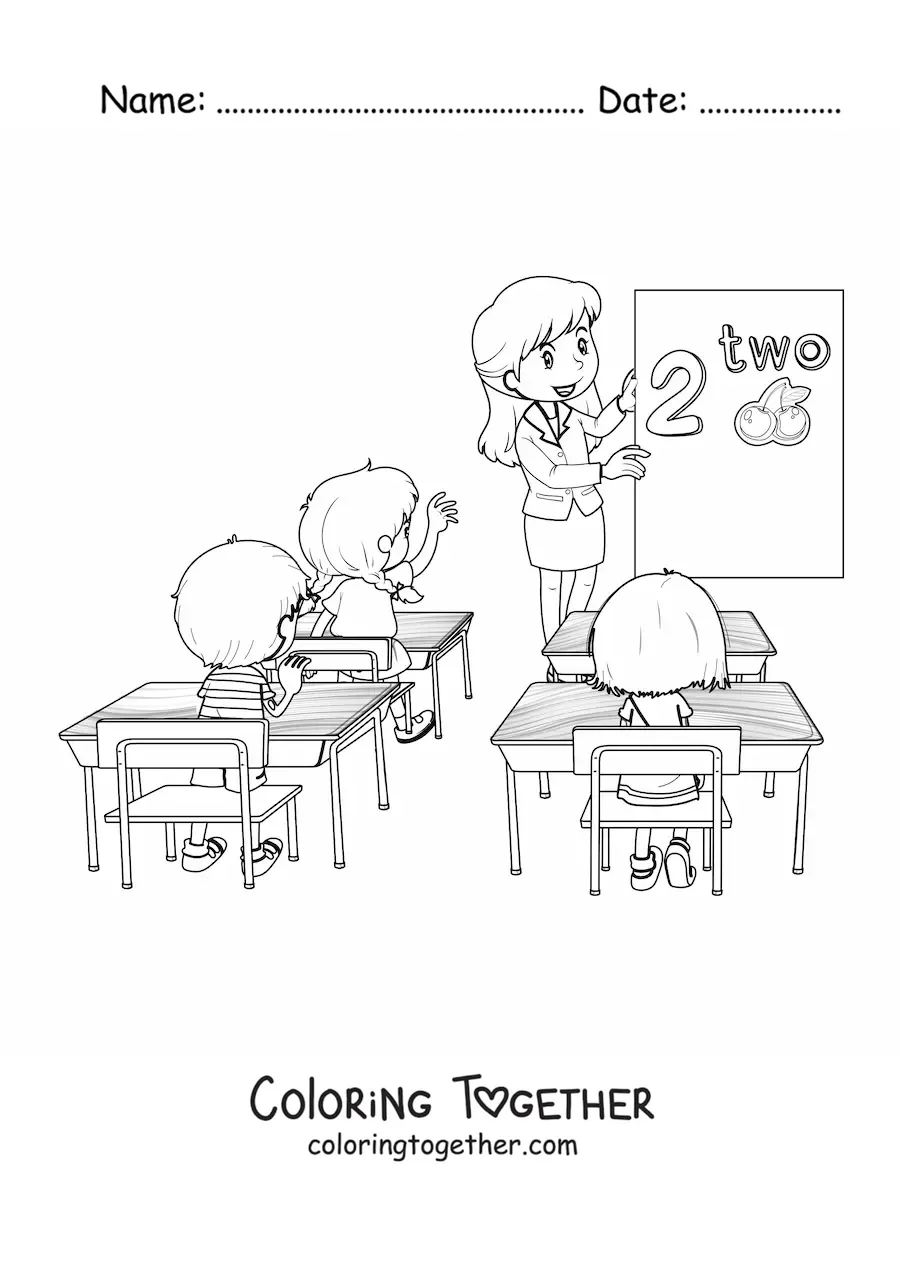 Coloring page of a teacher in front of the board giving a lesson to several students