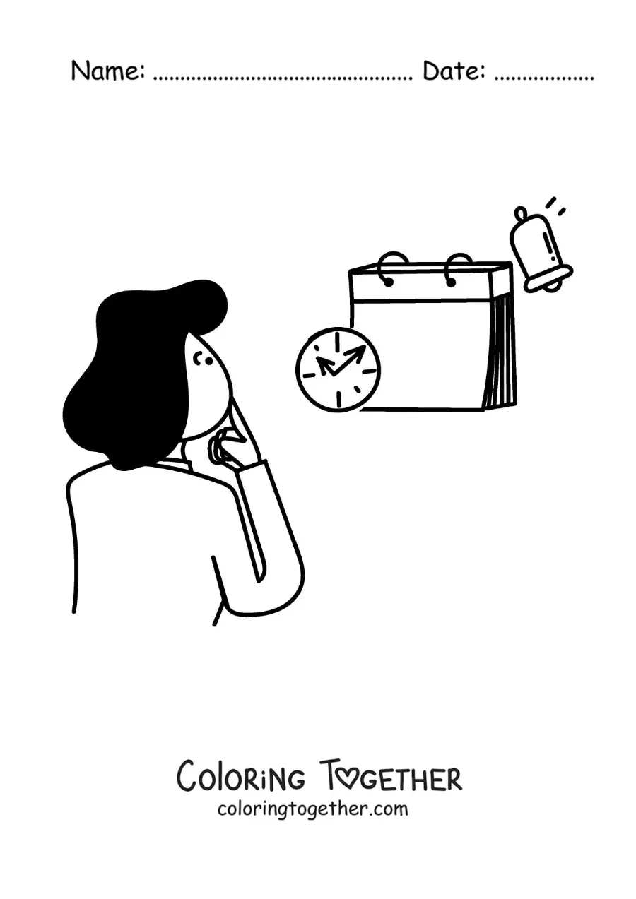 Coloring page of a woman looking at the calendar