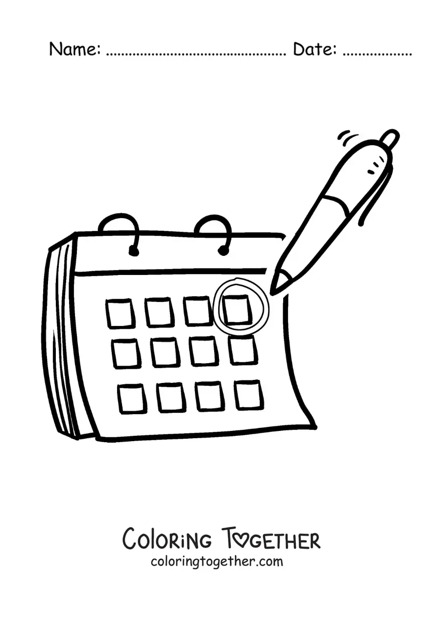 Coloring page of a pen marking a date on the calendar