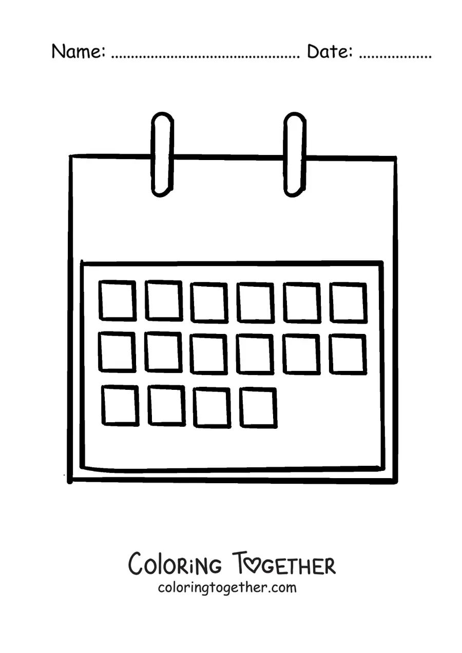 Coloring page of a monthly calendar