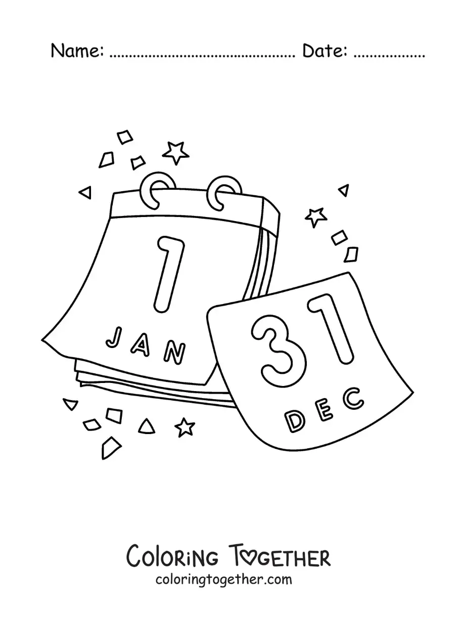 Coloring page of New Year on the calendar