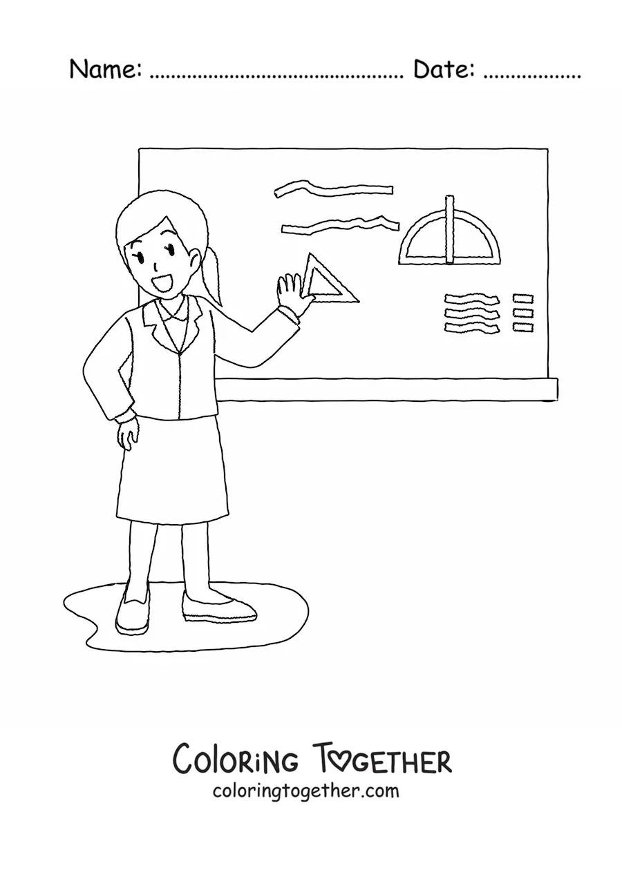 Coloring page of a female teacher giving a lesson in front of the board
