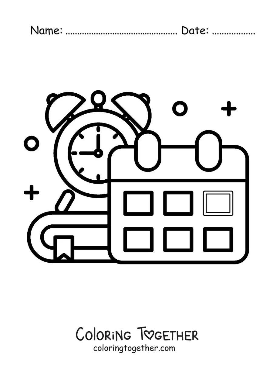 Coloring page of a calendar and a clock