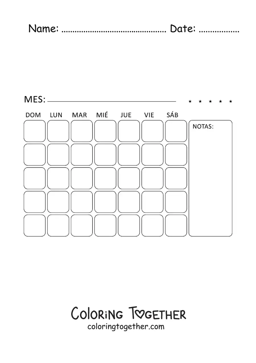 Coloring page of a printable calendar in English