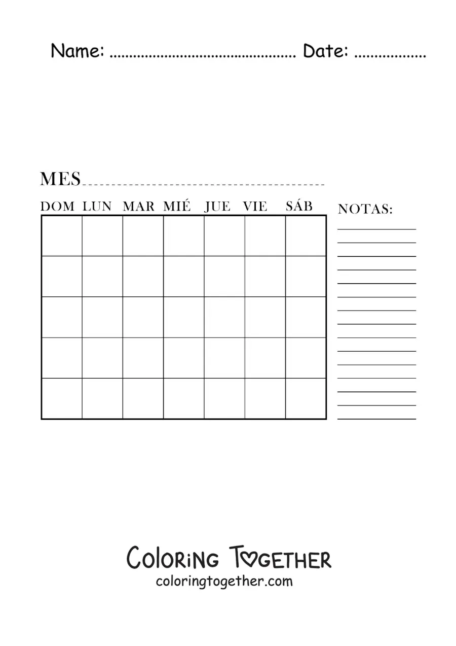 Coloring page of a calendar of the month