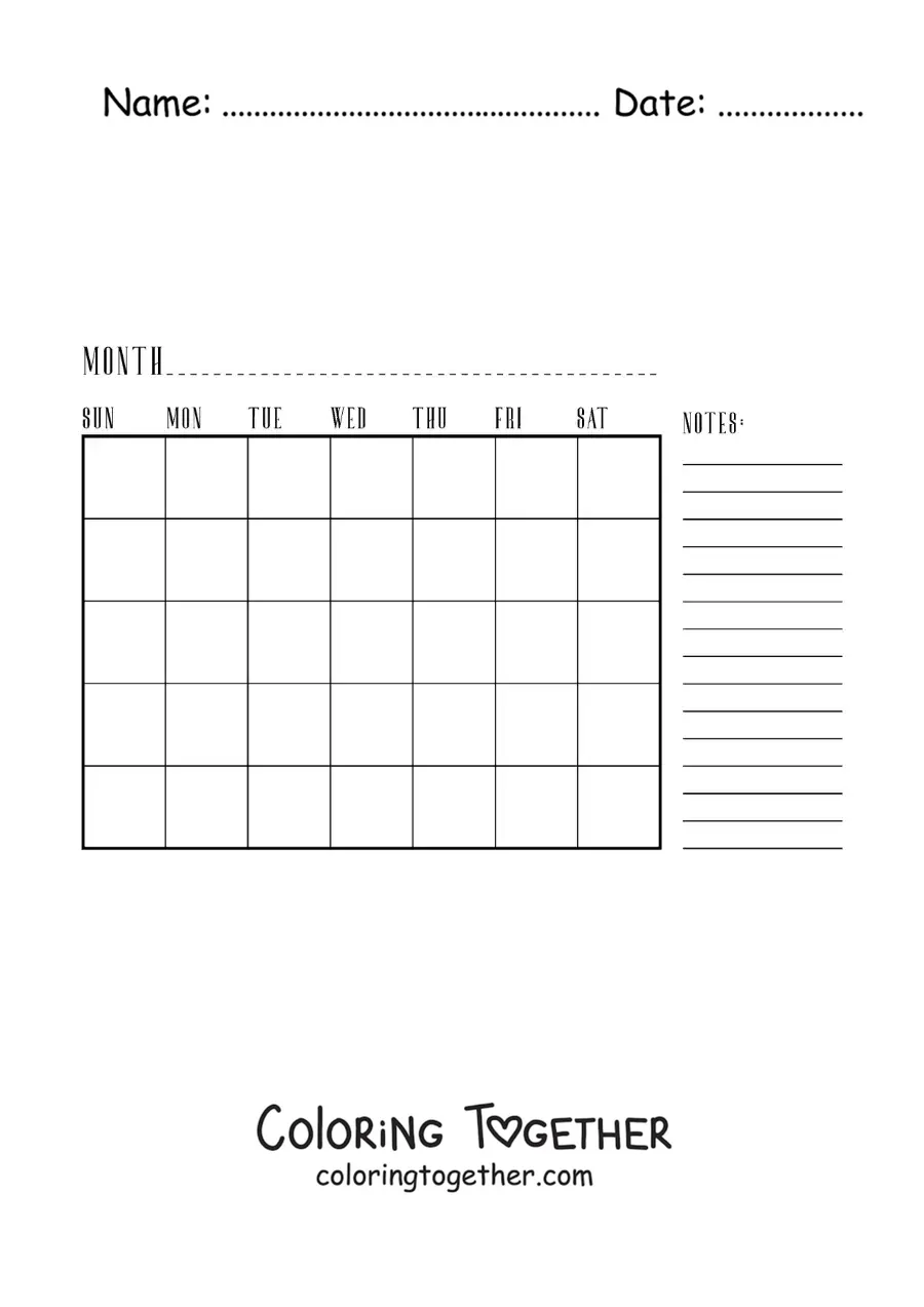 Coloring page of a calendar of the month in English