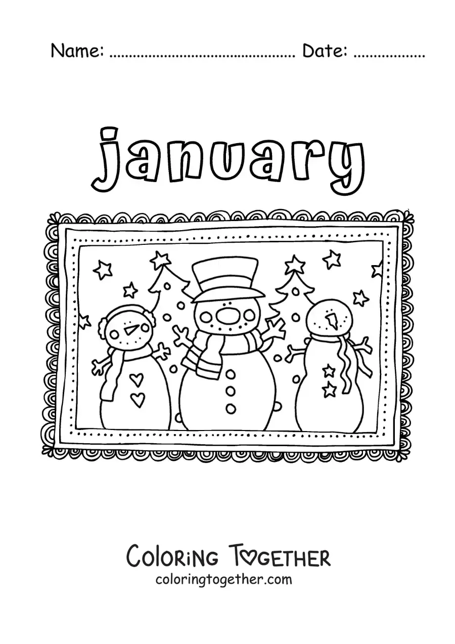 Coloring page of January with animated snowmen