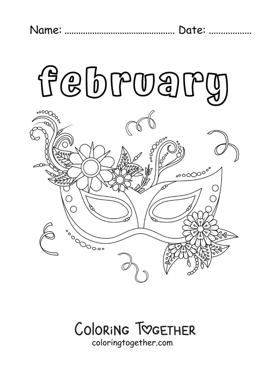 Coloring page of February with a Carnival mask