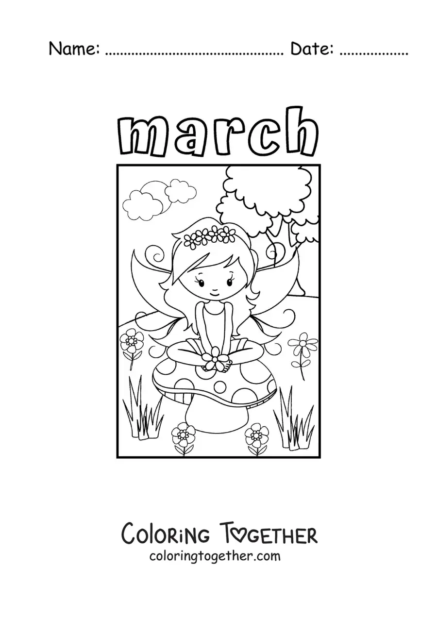 Coloring page of March with a spring fairy