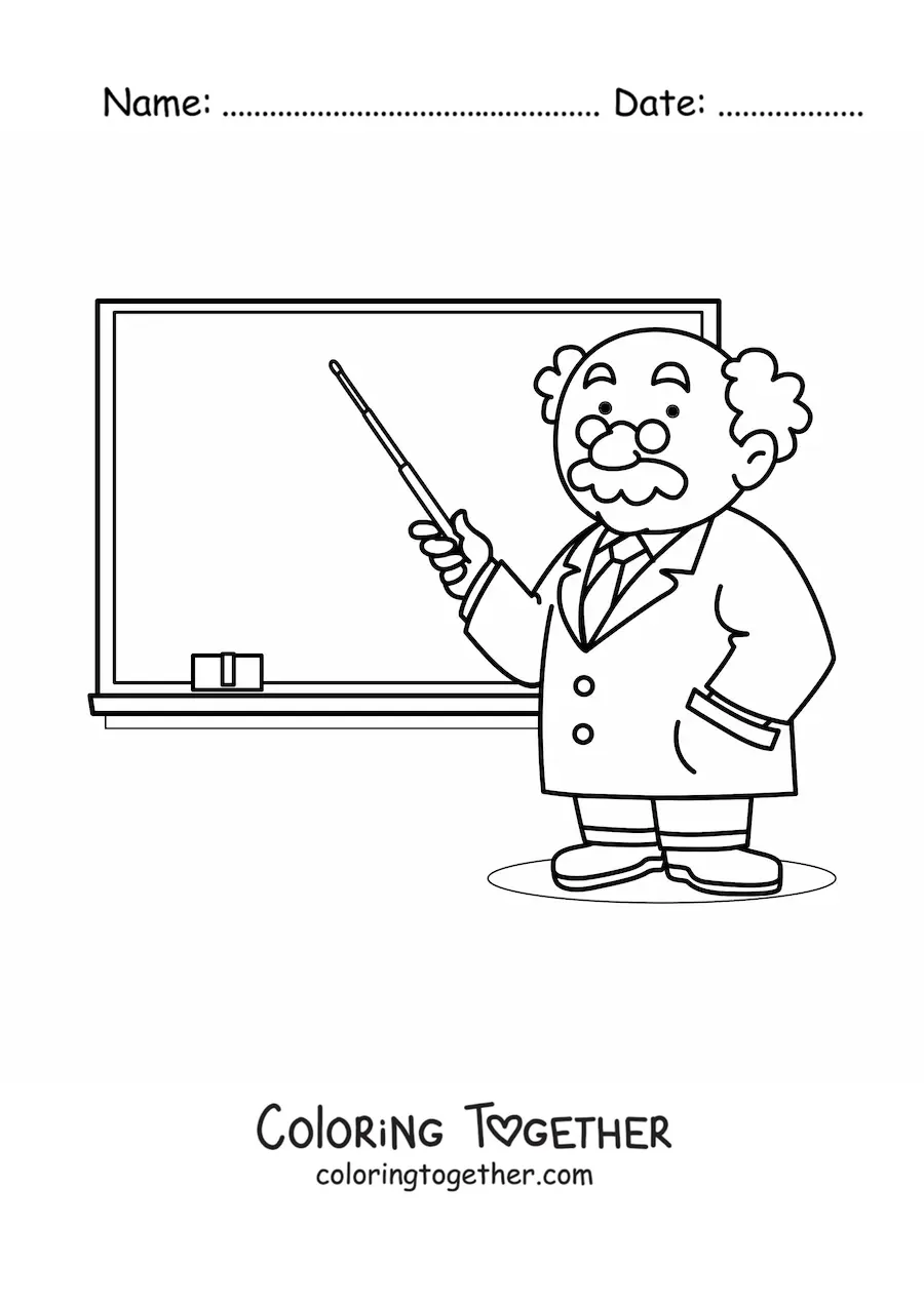 Coloring page of a teacher pointing at the board