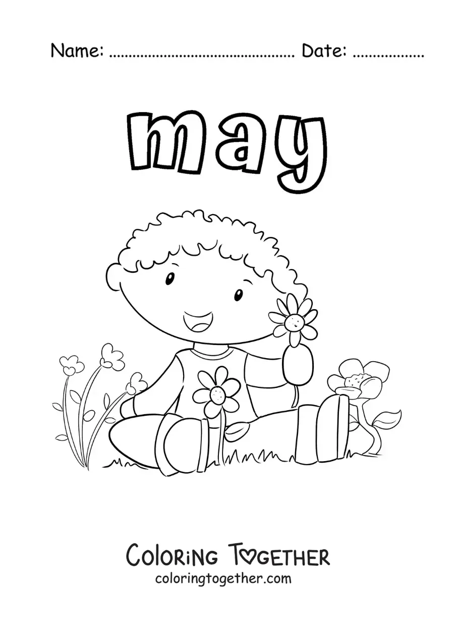 Coloring page of May with a child sitting among spring flowers