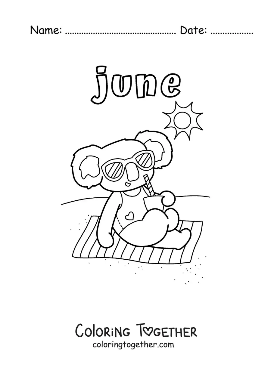 Coloring page of June with an animated koala in summer
