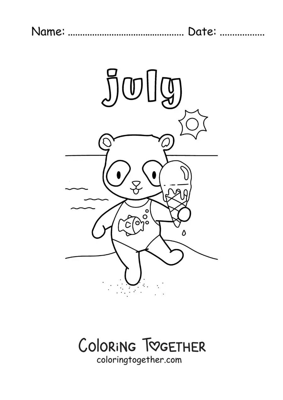 Coloring page of July with an animated panda at the beach in summer