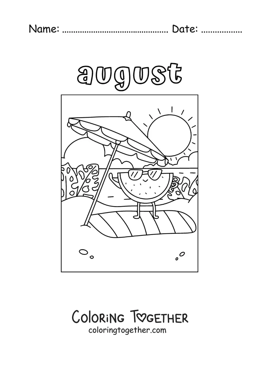 Coloring page of August with an animated watermelon on vacation