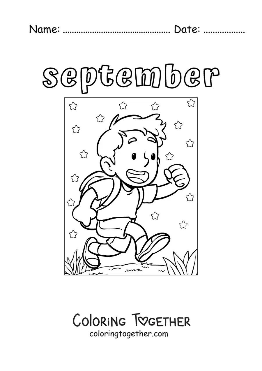 Coloring page of September with a child on the way to school