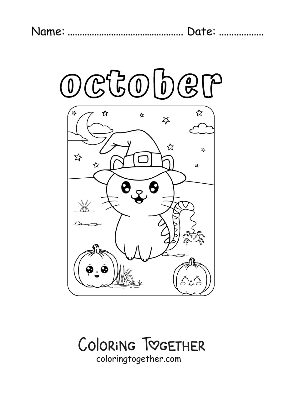 Coloring page of October with an animated cat on Halloween