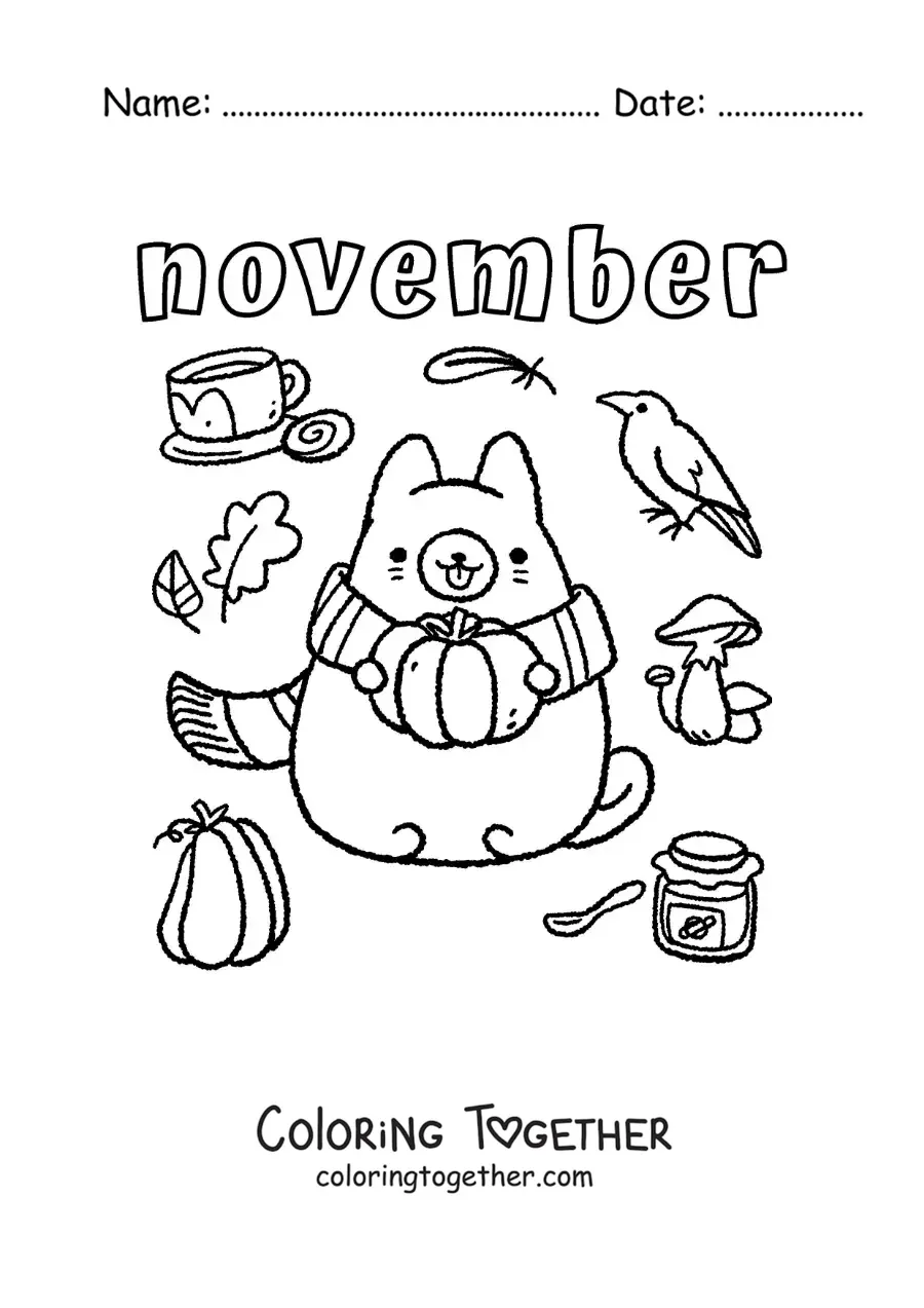 Coloring page of November with an animated cat in autumn