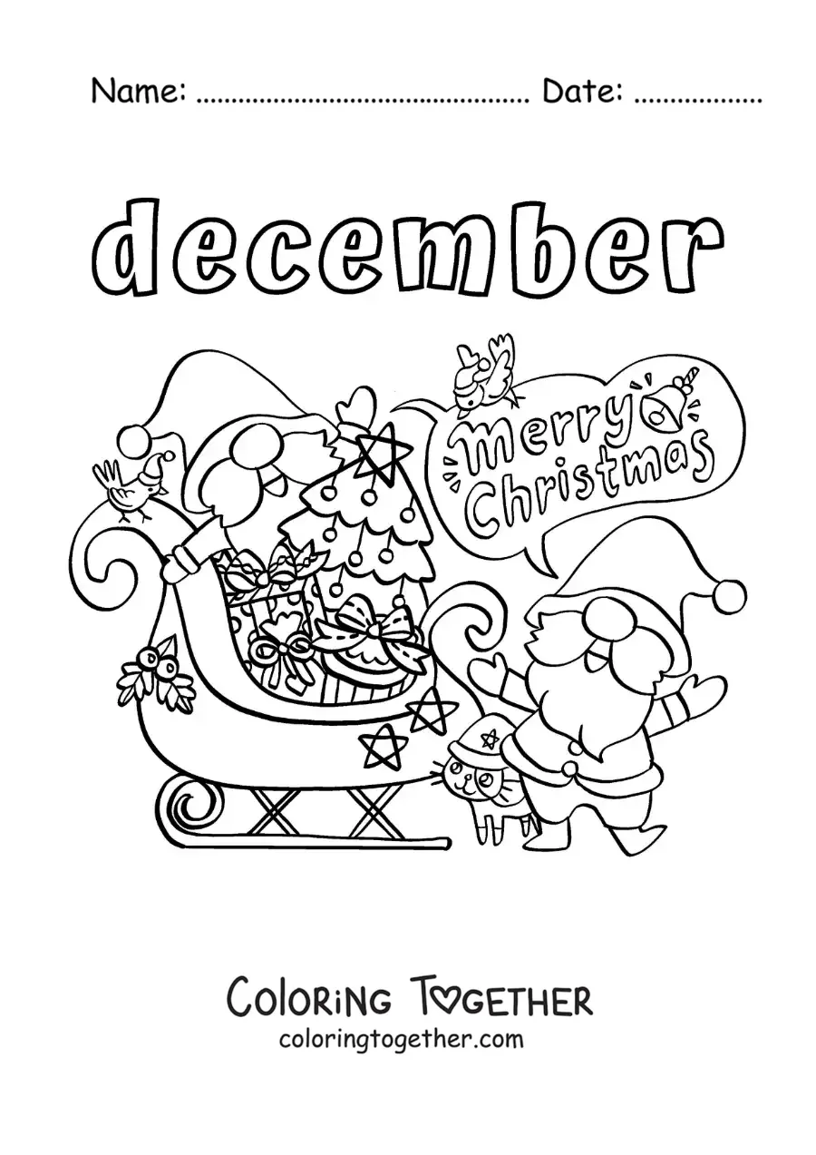 Coloring page of December with Santa Claus at Christmas saying Merry Christmas