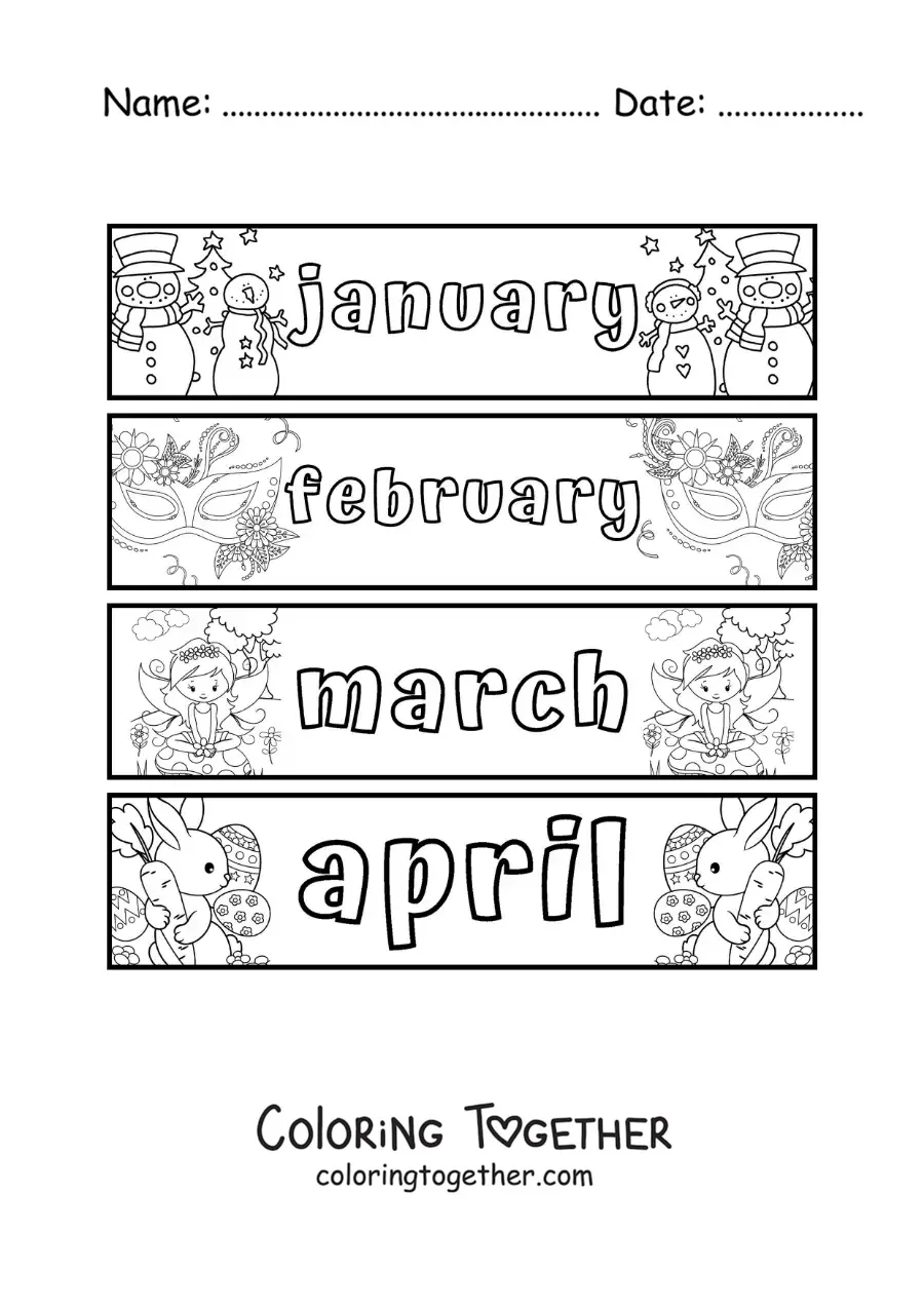 Coloring page of kids flashcards with the months in English from January to April
