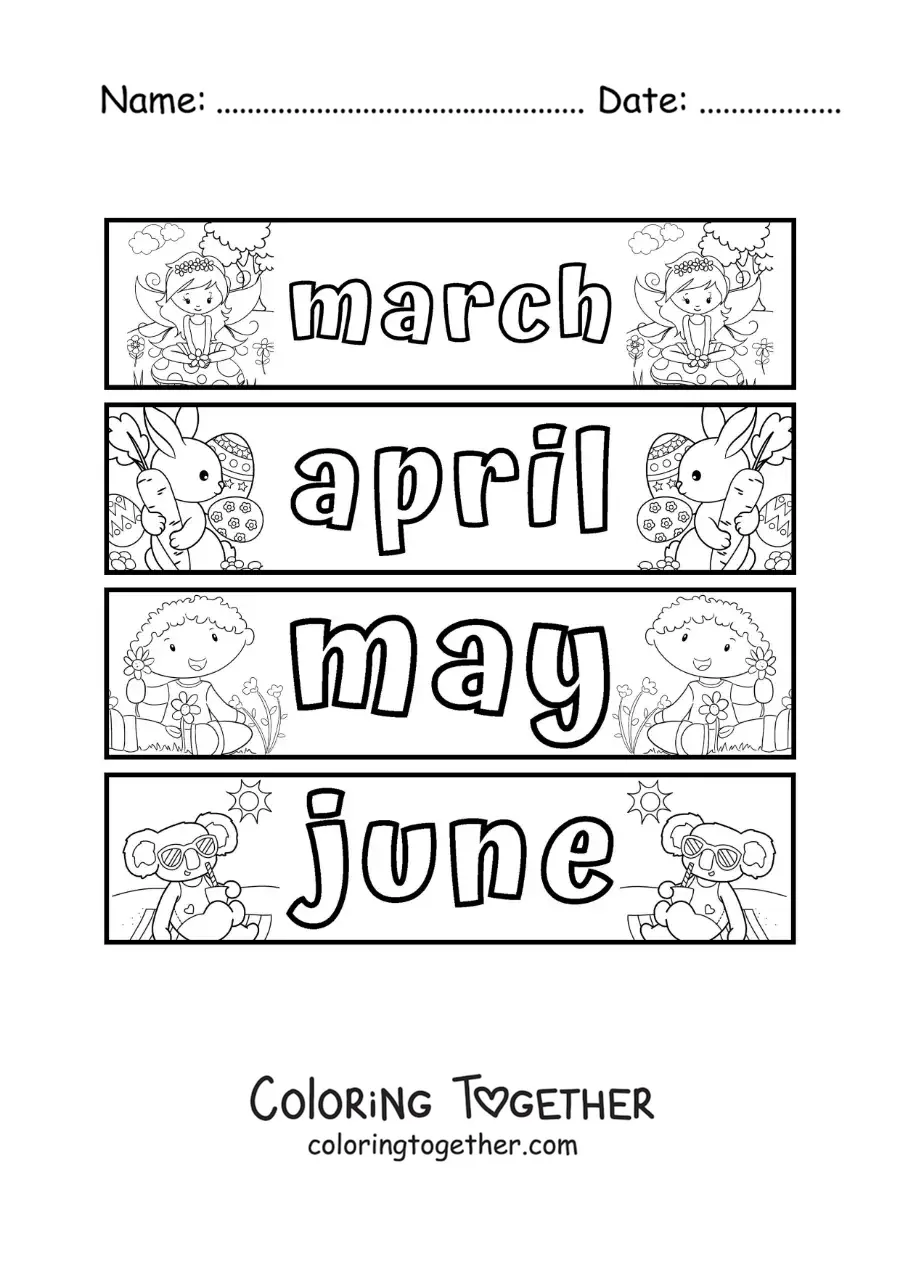 Coloring page of kids flashcards with the months in English from March to June