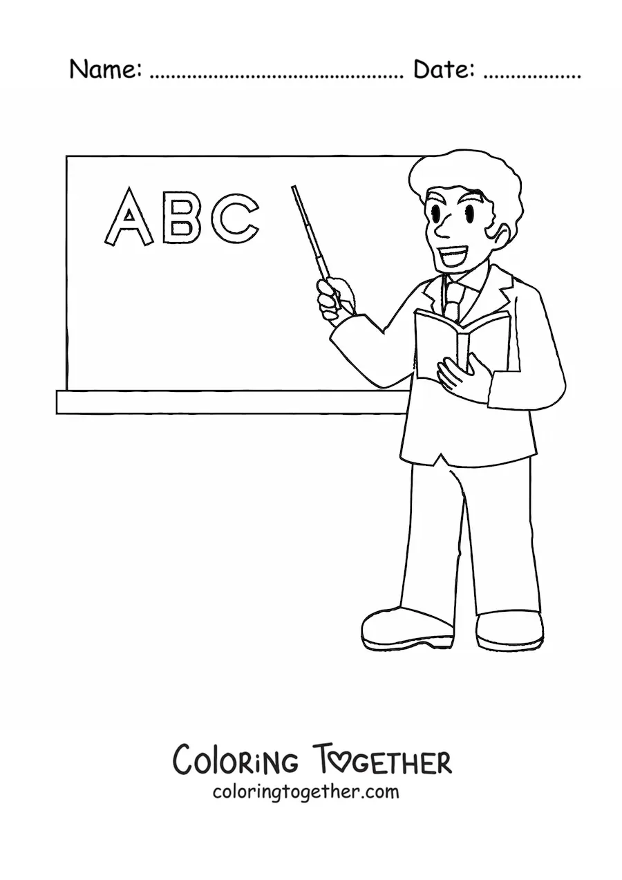 Coloring page of a teacher teaching in front of the board