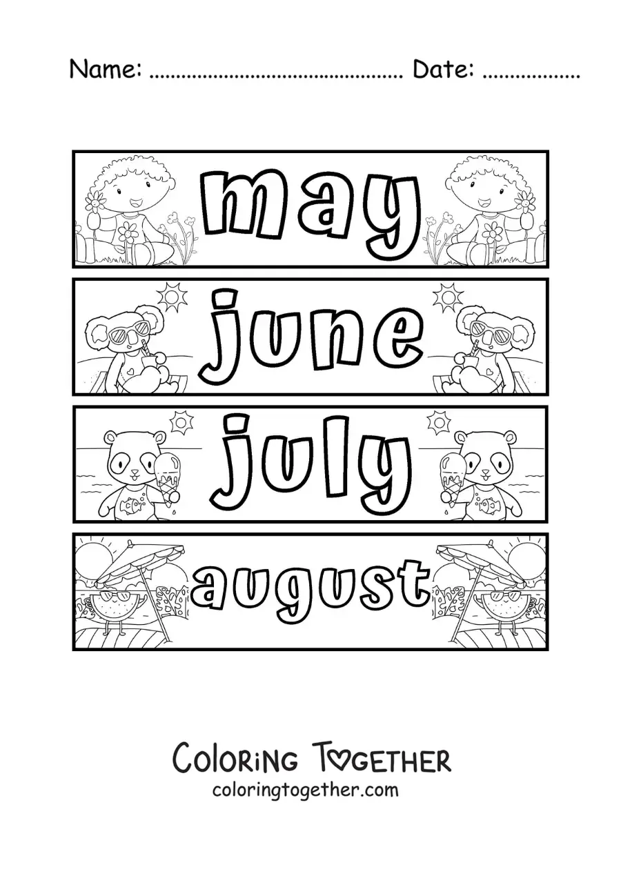Coloring page of kids flashcards with the months in English from May to August